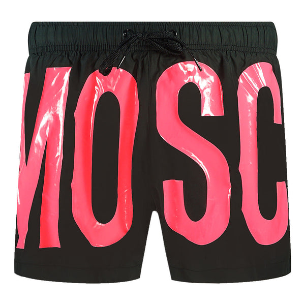 Moschino Large Pink Logo Black Swim Shorts