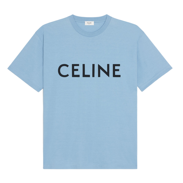 Celine Loose Cotton Logo Print T-shirt Light Blue