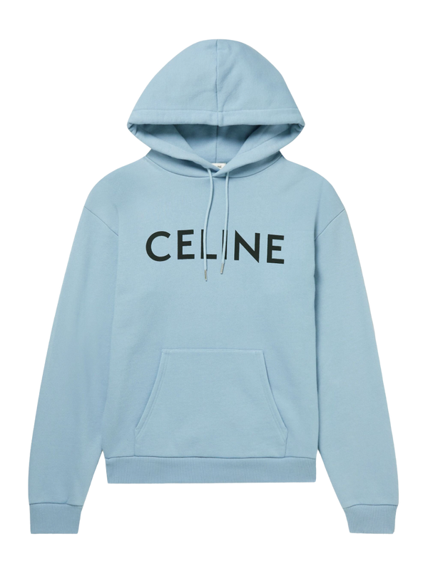Celine Logo-Print Cotton-Jersey Hoodie in Light Blue