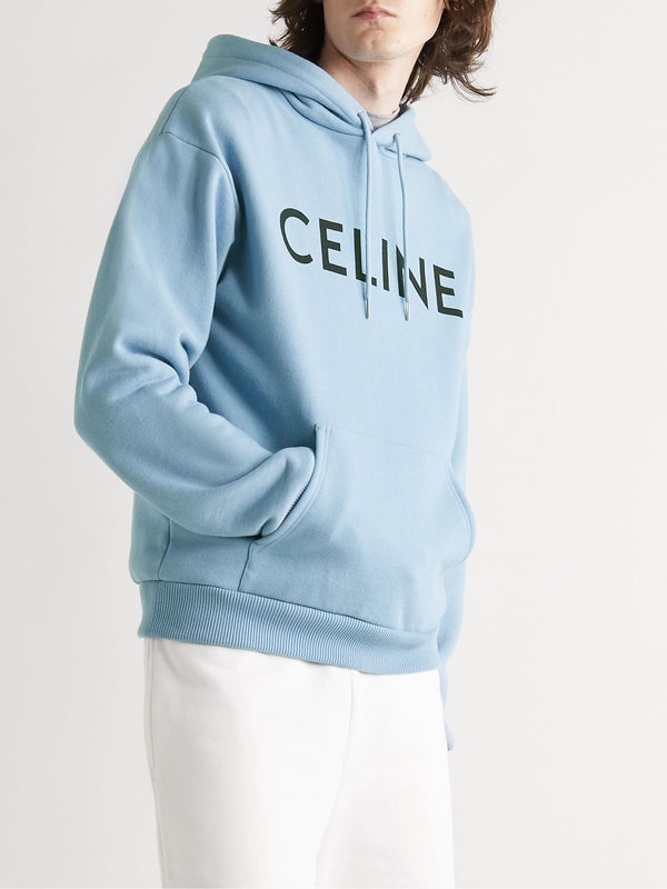 Celine Logo-Print Cotton-Jersey Hoodie in Light Blue